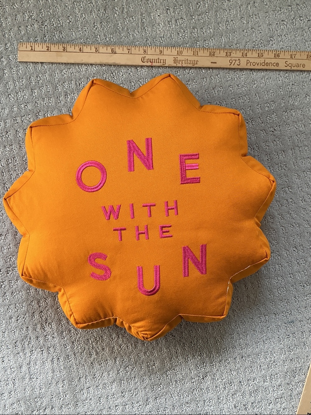 One With The Sun Orange Sun-Shaped Decorative Pillow - Pink Lettering